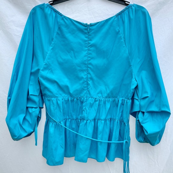 STAUD Blue Tiered Flowy Ruffle Top w Puff Gather Sleeve NWOT - Picture 2 of 3